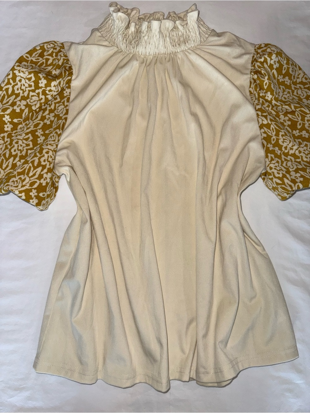 VOY Women's Cream Smocked Neck Top with Mustard Floral Puff Sleeves M